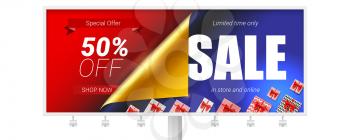Billboard with special offer. Sale in store and online. Up to 50 percent discount. Banner with design of text, curled corner and gift boxes. Vector 3d illustration for holidays discount actions.