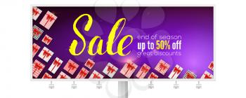 Sale. Billboard with handwritten lettering. Great discount up to fifty percent discount. Ad for discount actions decorated of gift boxes. Vector 3D illustration