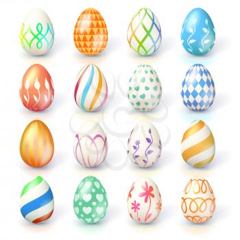 Set of Easter eggs isolated on white background. Hand made collection of Easter eggs with different textures and paintings. Realistic icons for spring, seasonal holidays