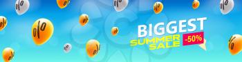 Biggest Summer Sale. Creative banner with flying up balloons on background of blue sky. Discounts are increasing all the time. Huge discounts to shopping now. Vector 3d illustration