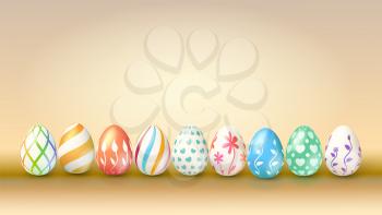 Collection of easter eggs. Decoration of spring celebration. Set of handmade Easter eggs with different paintings. Background for invitation, poster, cover. Vector 3d illustration