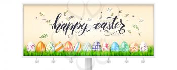 Billboard for Happy Easter holidays. Decorated eggs in green grass on background of handwritten text, hand drawing sketches in doodles style. Template for celebration of Easter. Vector 3d illustration