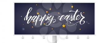 Billboard with handwritten text Happy Easter decorated golden toys on black chalkboard. Concept for celebration of Happy Easter. Editable vector 3d illustration