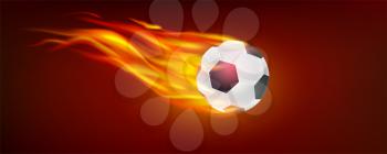 Realistic flying burning classical football ball. Icon of soccer ball in fire for hot football match. 3d vector illustration, symbol of strength and power