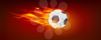 Realistic flying burning classical football ball. Icon of soccer ball in fire. 3d vector illustration. Symbol of strength and power for hot football match. Template for covers, posters, leaflets.