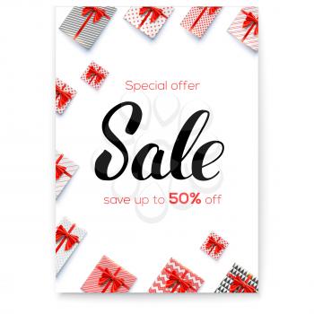 Sale. Gift boxes with red ribbons and bows on white. Great discount up to 50 percent off. Calligraphic lettering of brush pen. Vector illustration for retail online shopping holidays discount actions
