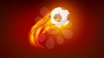 Flying up burning classical football ball. Icon of realistic soccer ball in fire. 3d vector illustration. Symbol of strength and power for hot football match