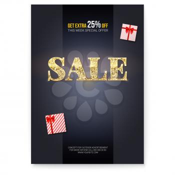 Sale. Ad poster with golden glittering text Sales and gift boxes. Box for presents wrapped in stripped paper and tied red ribbon. Get extra discount twenty five percent off.