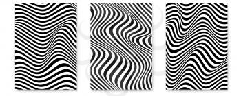 Set of layouts with wavy lines. Twisted duotone backgrounds. Abstract pattern from lines, halftone effect. Black and white texture. Minimalistic design template for poster, banner, cover, postcard