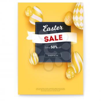Easter sale. Get extra fifty percent off. Easter eggs with hand paintings patterns on yellow. Poster with holiday ad. Template for holidays sale actions, 3d illustration isolated on white.