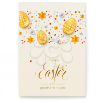 Happy Easter. Banner with festive greetings. Calligraphic handwritten text and wishes for season holidays. Pattern from golden toys. Easter eggs with hand painting patterns, stars and colored pearls.