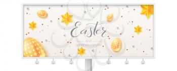 Vintage Easter pattern on white billboard. Creative hand written calligraphic text of greetings for easter holidays isolated on white. Golden and silver toys in abstract pattern