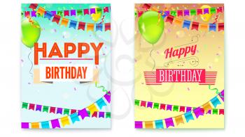 Set of Happy Birthday greeting posters. Festive background with garlands, confetti and colored balloons. Stylish retro lettering Happy birthday. Vector greeting cards for party, invitations