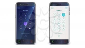 Smartphone, mobile phone isolated on white background. App with digital numpad, user mobile interface kit. Screen lock with interface for passcode. Day and night variants. Vector 3d illustration