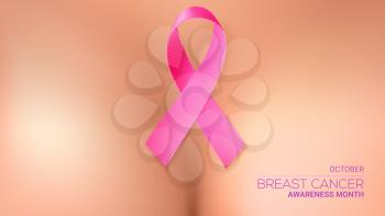 Pink ribbon onto woman breasts. World breast cancer awareness month on October. Sexual attractiveness of decolletage. Beauty of big breast, attractive cleavage of female. Vector 3d illustration.