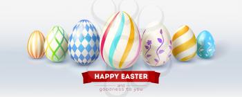 Festive design for Easter greetings cards. Abstract gift voucher. Brochure template with hand painted easter eggs. Design of text on red ribbon. Realistic vector illustration for Easter holidays.
