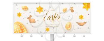 Billboard with vintage Easter pattern. Hand written calligraphic text of greetings for easter holidays. Easter eggs, stars and cookies in the form of rabbits in abstract pattern. 3d vector.