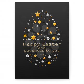 Easter decorative egg made from cutout gold and silver stars and glittering pearls. Poster with design of greetings text. Chic vector greetings card for Church Easter holidays.