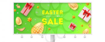 Easter sale. Billboard with holiday offer. Discount of 50 percent off. Pattern with festive gift boxes, golden Easter eggs and Easter decorative elements. Top view on promotional banner, flat lay