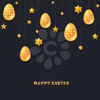 Festive banner with greeting for Happy Easter. Decorated Easter eggs and stars hanging on ropes on black background. Design of golden text for religious holiday. Vector illustration