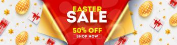 Easter sale get up to 50 percent discount. Banner with curved corners of golden page. Pattern from golden easter eggs, gift boxes, toys on white wrap paper. Template for festive shopping actions.