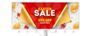 Easter sale get up to 50 percent discount. Billboard for retail shopping actions. Golden easter eggs, gift boxes and toys on white background. Design of text with message about sale, reduce of price