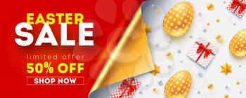 Easter sale get up to 50 percent discount. Banner with bended corner of golden page. Promo of shopping actions. Golden easter eggs, gift boxes and toys on white background.