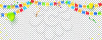 Banner with streamers, confetti and garlands of multi colored hanging flags. Vector checkered background for birthday, carnival, celebration, anniversary and holiday party. Explode of confetti