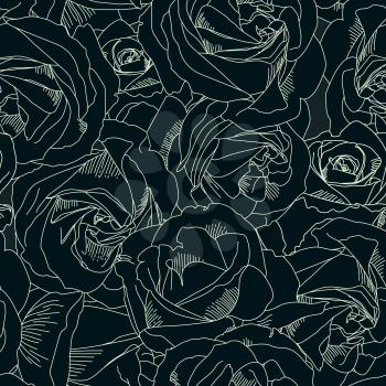 Roses bud outlines. Seamless pattern with flowers of roses. Hand-drawn romantic background. Style of sketch or doodle . Vector illustration, eps10. Template for textile, wrap paper, cover, poster.