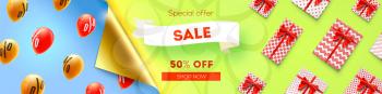 Special offer, fifty percent discount. Sale, long banner with bended corner of golden paper. Vector banner with gift boxes and flying helium balloons. Special offer clearance 50 percent off.