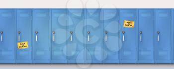 Welcome back to school. Yellow stickers on blue cupboards with combination lock and handles. Set of realistic school locker, metal cabinets. Vector template, 3d illustration