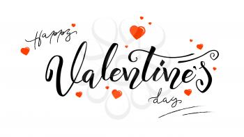 Happy Valentines day, calligraphy in vintage style. Hand-drawn brush pen lettering isolated on white background. Template for holiday greeting, invitation, wedding cards