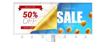 Sale, fifty percent discount. Billboard with bended corner of golden paper isolated on white. Vector banner. Special offer clearance 50 percent off. Set of flying in blue sky balloons