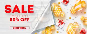 Sale get up to 50 percent discount, limited offer. Banner with bended corner of page. Wooden textured background. Promo of shopping actions. Golden eggs, gift boxes and toys on white background