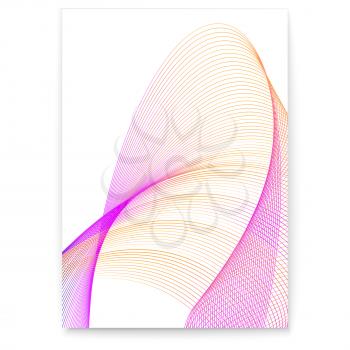 Digital poster with twisted colored lines. Dynamic flowing waves on white background. Graphics concept of flow, music, technology. Vector design elements. Abstract wavy spun stripes, mixed color