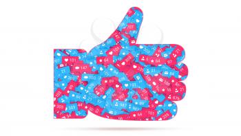 Hand thumbs up. Icon of likes filled of different symbols of social media network activity. Notification of likes, comments, follow. Social network activity with counters. Vector 3D illustration.