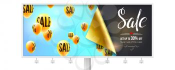 Sale, special offer. Billboard with banner for offer of sale. Bended corner of paper, flying helium balloons in blue sky and handwritten text. 3d vector banner with lettering on chalkboard