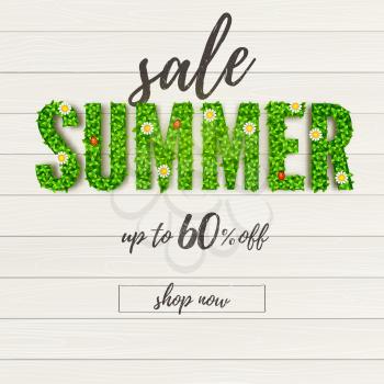 Summer sale. Handwriting text of ad banner on wooden planks background. 3d text Summer from green leafs and flowers. Get up to 60 percent discount. Template for discount and promo actions.