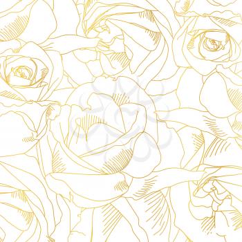Roses bud outlines. Vector pattern with contours of flowers in golden colors. Style of Sketch or doodle. Abstract hand-drawn background. Vector illustration, eps10