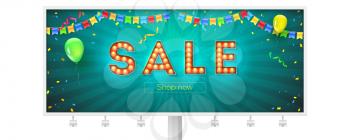 Sale. Volumetric retro font with light bulbs in Broadway style. Festive vector billboard with streamers, confetti and garlands of colored hanging flags. Design of template for shopping with discount