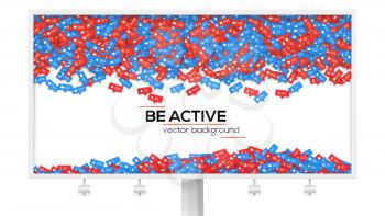 Billboard with abstract background filled with falling from above icons of social media network activity. Be active, motivational poster. Notification of likes, comments, followers