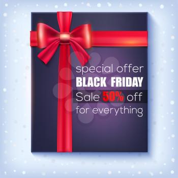 Black Friday Sale. Special offer 50 percent off. Black gift box with red ribbon and bow on snowy background. Decoration elements for winter retail, shopping actions on Christmas and Black Friday