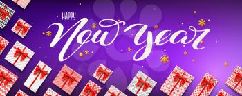 Calligraphic handwritten lettering Happy New Year. Top view on gift boxes wrapped in colored paper with patterns. Packages with satin red bows. Vector concept of banner for New Year holidays