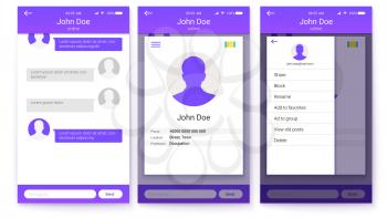 UI kit of mobile app. Page of profile and sidebar menu screen, friends list with chat. GUI design for responsive business website or applications. 3D illustration, isolated on white