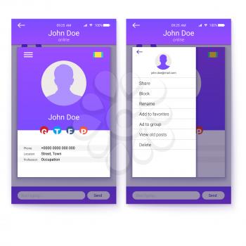 UI of mobile app, GUI design for responsive business website or applications. Page of profile and sidebar menu screen with flat web icons. 3D illustration, isolated on white