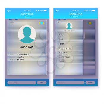 UI of mobile app. Page profile and sidebar menu screen. Interface of app on metal background. GUI design for responsive business website or applications. 3D illustration isolated on white