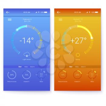 UI of mobile app page of weather. Summer and Winter layout for mobile apps. GUI design for responsive website or applications. Page of different weather user interface. 3D illustration isolated