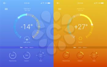 UI of mobile app page of weather. Summer and Winter layout for mobile apps. Page of different weather user interface, 3D illustration. GUI design for responsive website or applications