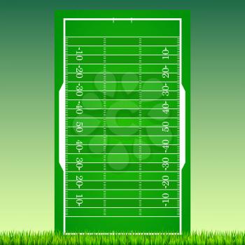 Football field with grass on green backdrop. Background for posters, banner with american football field with markup, top view. 3D illustration, ready for print and design.