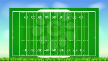 Football field with grass on blue backdrop of sky. Background for posters, banner with american football field with markup, top view. 3D illustration, ready for print and design.